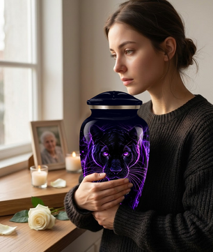 Black Panther Cremation Urn for Ashes | Personalized Panther Memorial Urn | Purple Panther Adult Urn