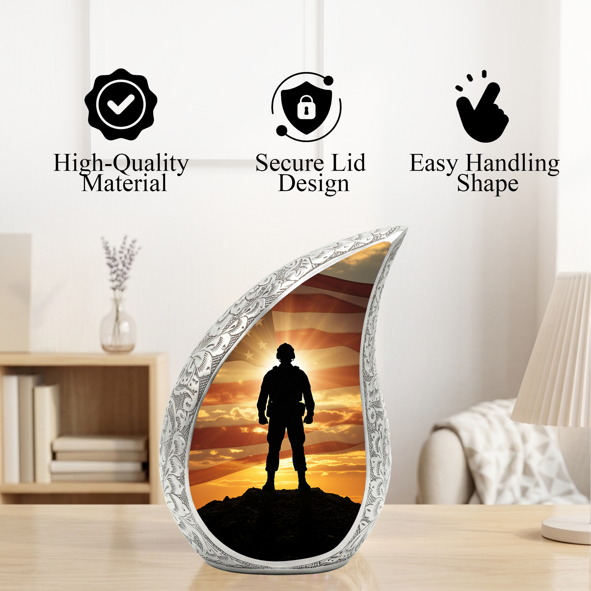 Patriotic Soldier Personalized Cremation Urn – Teardrop Style Aluminum Memorial Urn, 10 Inch