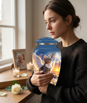 Angel Cat Cremation Urn for Ashes,Heavenly Cat Memorial with Wings, Custom Pet Lover Urn