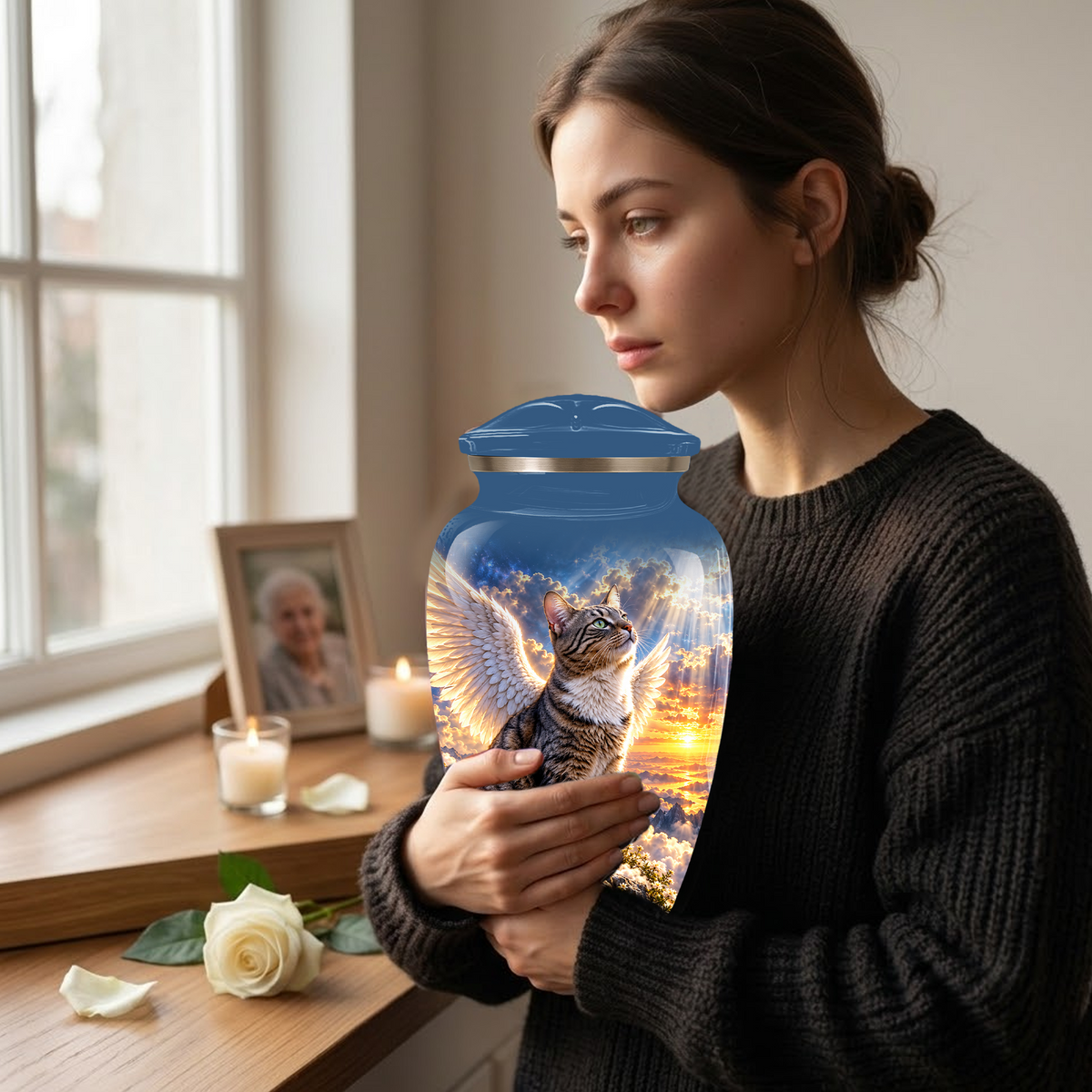 Angel Cat Cremation Urn for Ashes,Heavenly Cat Memorial with Wings, Custom Pet Lover Urn