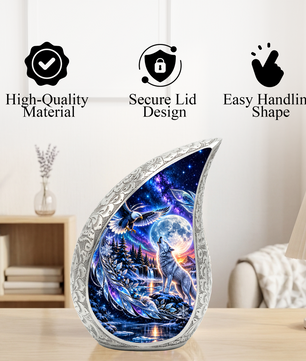 Wolf and Eagle Cremation Urn for Ashes, Wildlife Memorial Urn, Wolf Moon Adult Urn