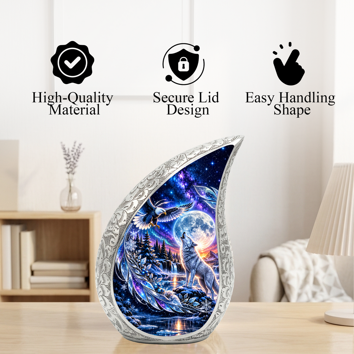 Wolf and Eagle Cremation Urn for Ashes, Wildlife Memorial Urn, Wolf Moon Adult Urn