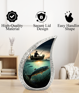 Fishing Personalized Cremation Urn – Teardrop Style Aluminum Memorial Urn, 10 Inch