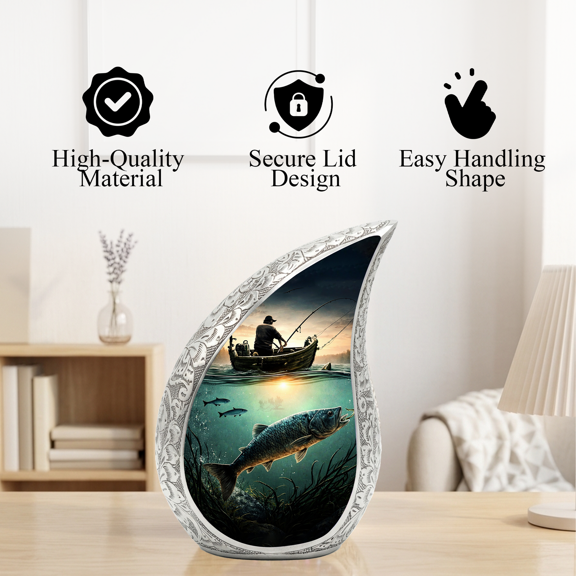 Fishing Personalized Cremation Urn – Teardrop Style Aluminum Memorial Urn, 10 Inch