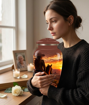 Personalized Adult Cremation Urn for Ashes, Custom Memorial Urn, Western Cowboy Horse Sunset Design