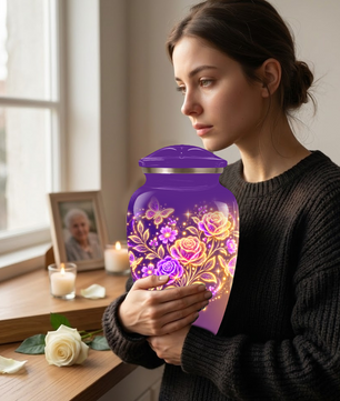 Purple Rose & Butterfly Cremation Urn for Ashes | Personalized Floral Memorial Urn | Handmade Adult Urn for Human Ashes