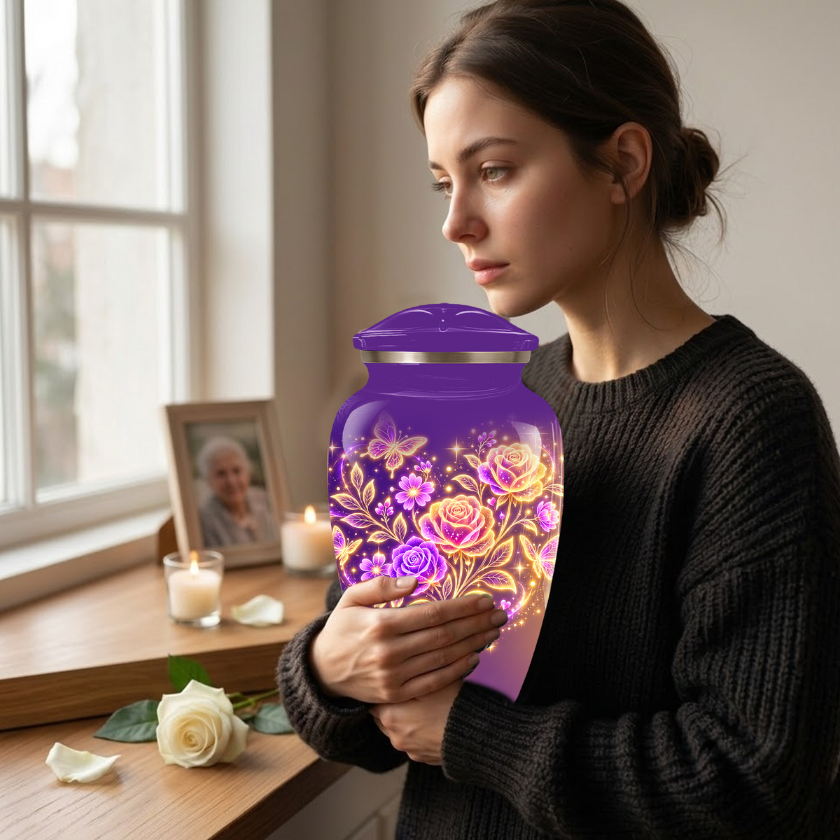 Purple Rose & Butterfly Cremation Urn for Ashes | Personalized Floral Memorial Urn | Handmade Adult Urn for Human Ashes