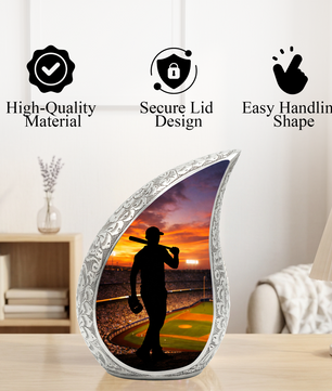 Baseball Personalized Cremation Urn – Teardrop Style Aluminum Memorial Urn, 10 Inch