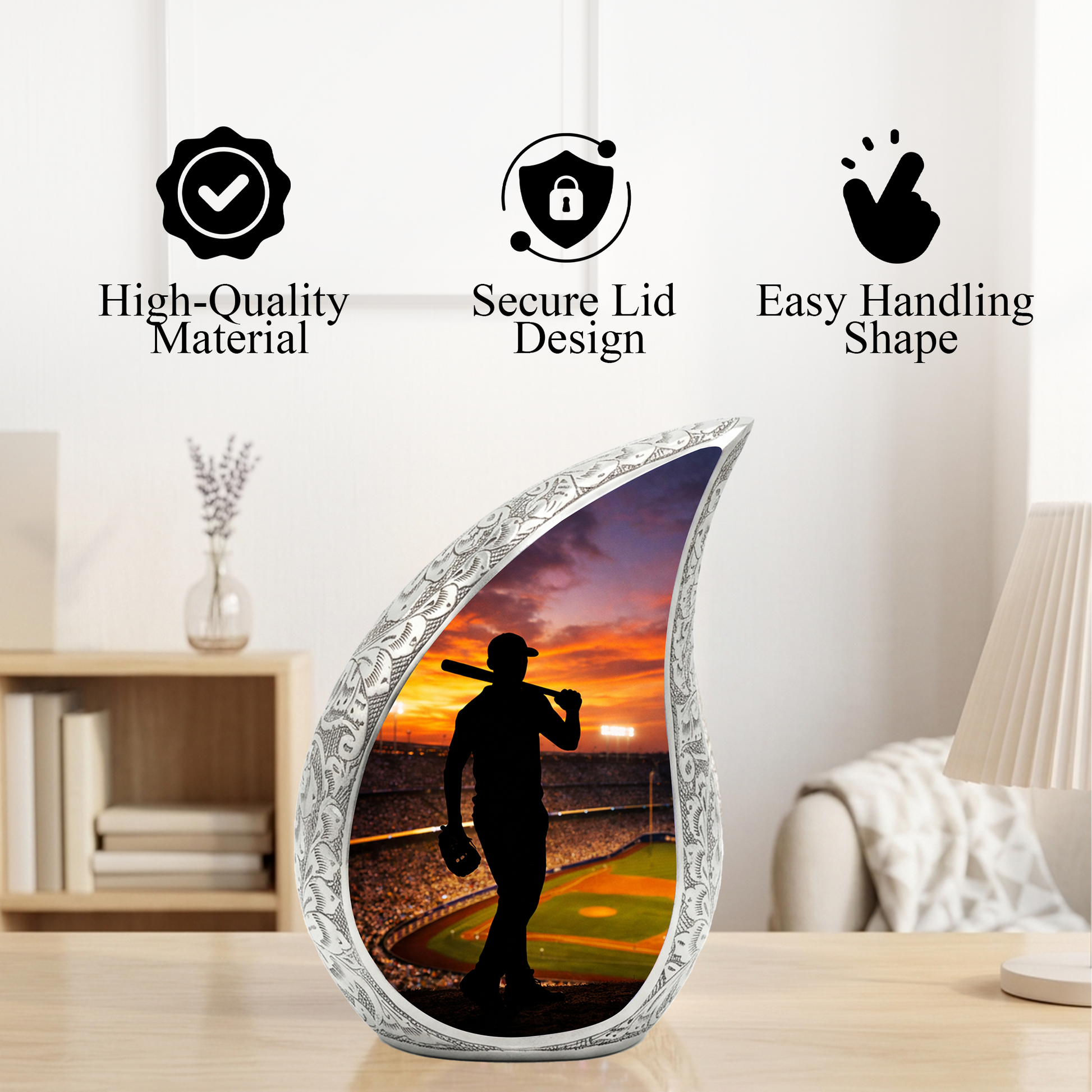 Baseball Personalized Cremation Urn – Teardrop Style Aluminum Memorial Urn, 10 Inch