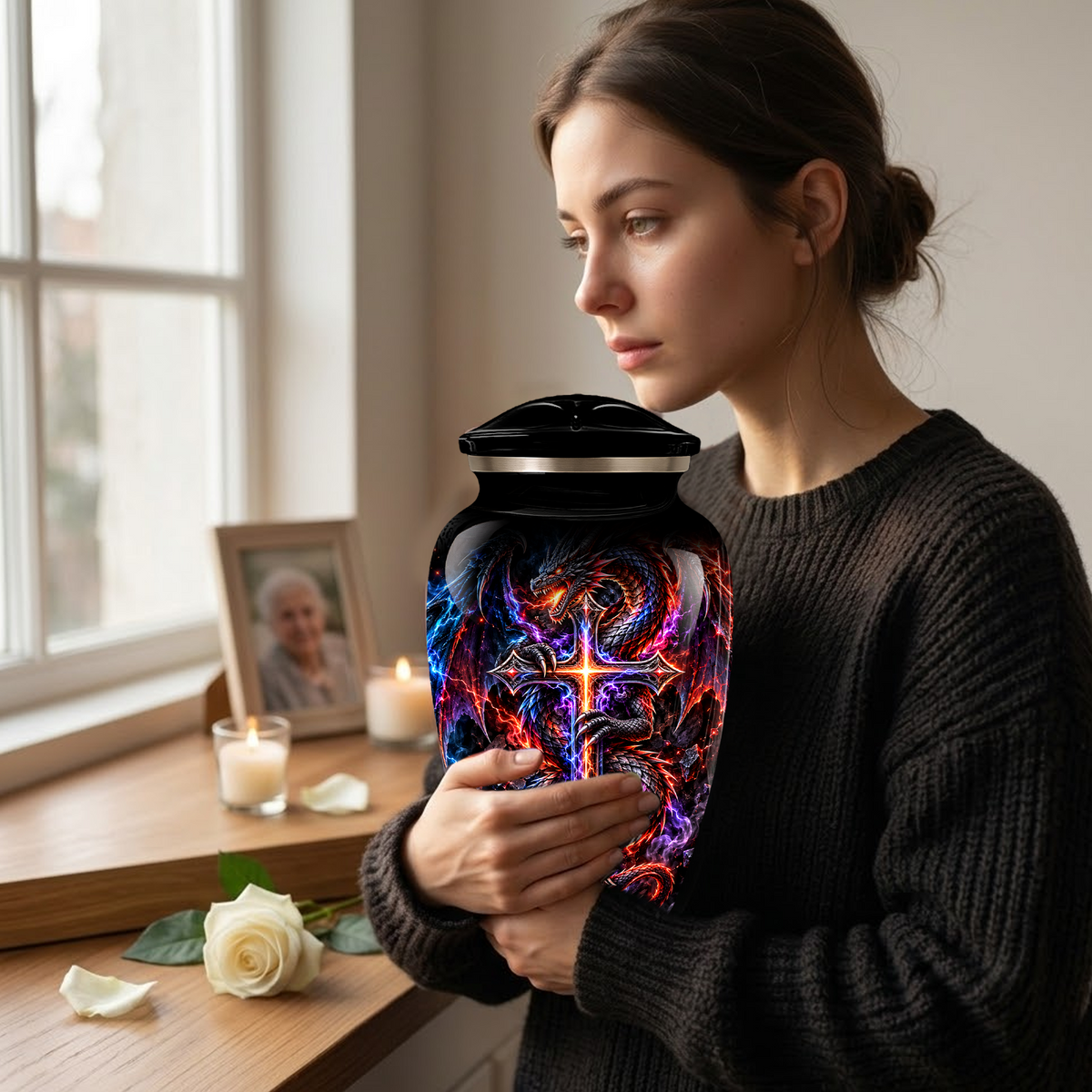 Adult Cremation Urn – Dragon & Cross Memorial Urn for Adult Ashes