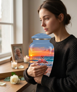 Flamingo Cremation Urn for Ashes, Romantic Beach Sunset Design, Custom Urn for Loved Ones