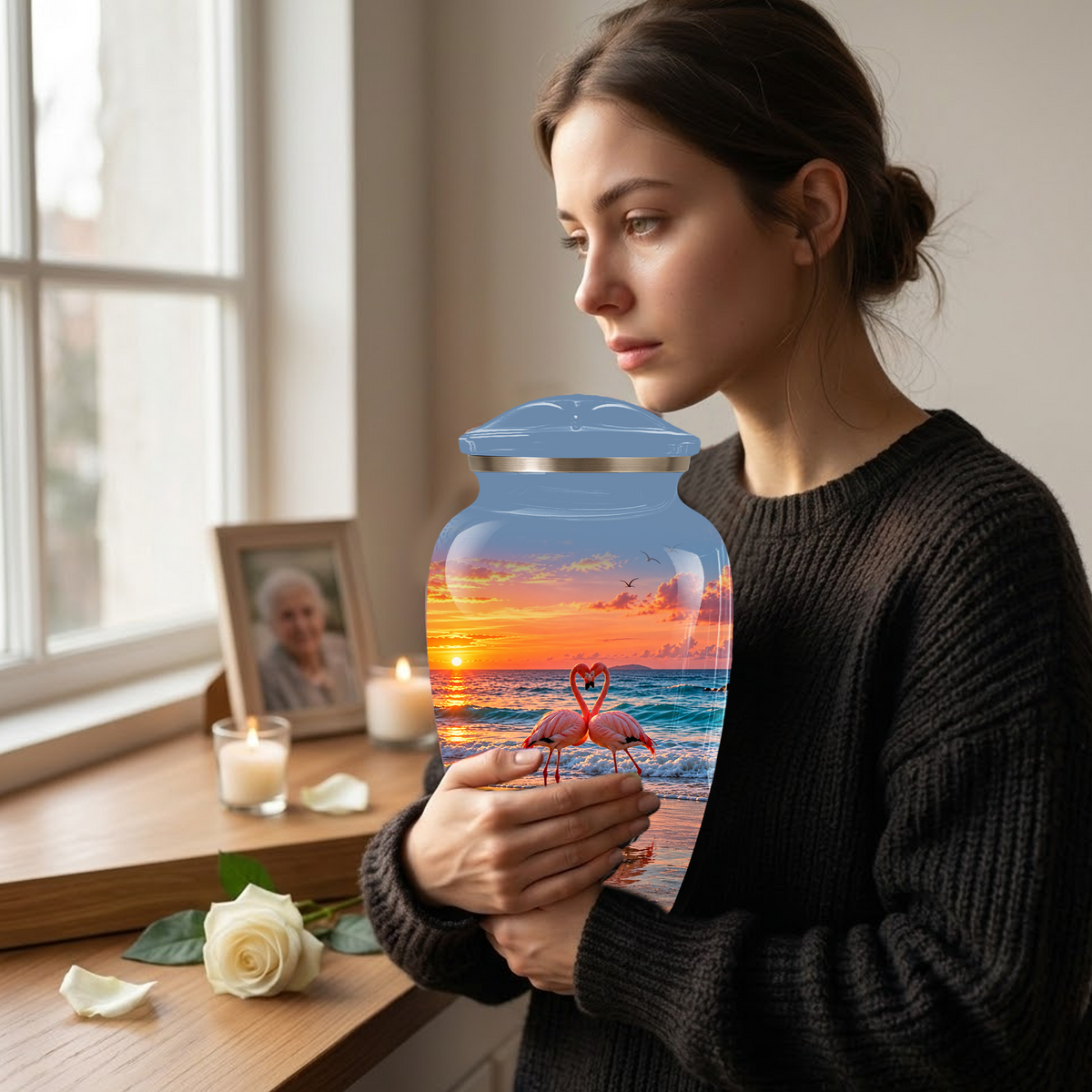 Flamingo Cremation Urn for Ashes, Romantic Beach Sunset Design, Custom Urn for Loved Ones