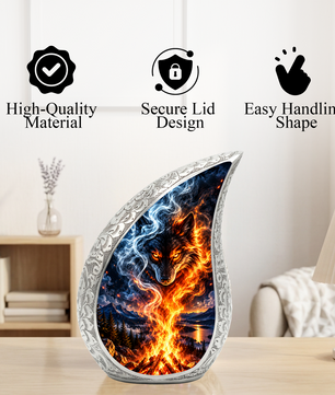Wolf Cremation Urn for Ashes, Fire and Ice Wolf Adult Memorial Urn