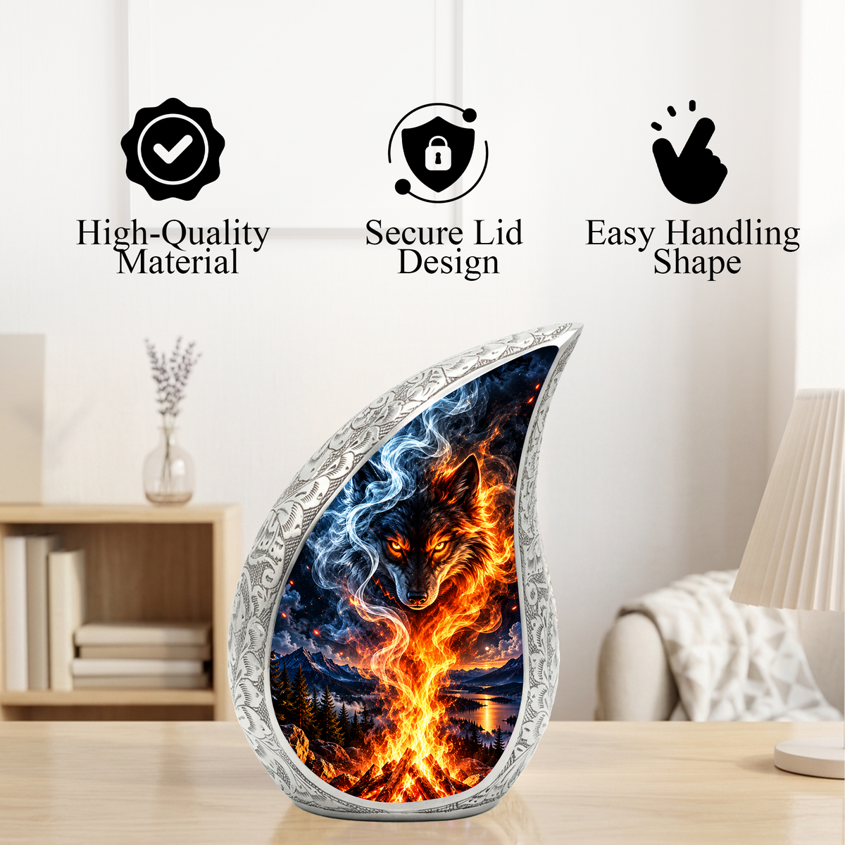 Wolf Cremation Urn for Ashes, Fire and Ice Wolf Adult Memorial Urn