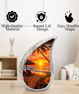 Beach Urns for Human Ashes – Tropical Ocean Sunset Beach Themed Cremation Urn