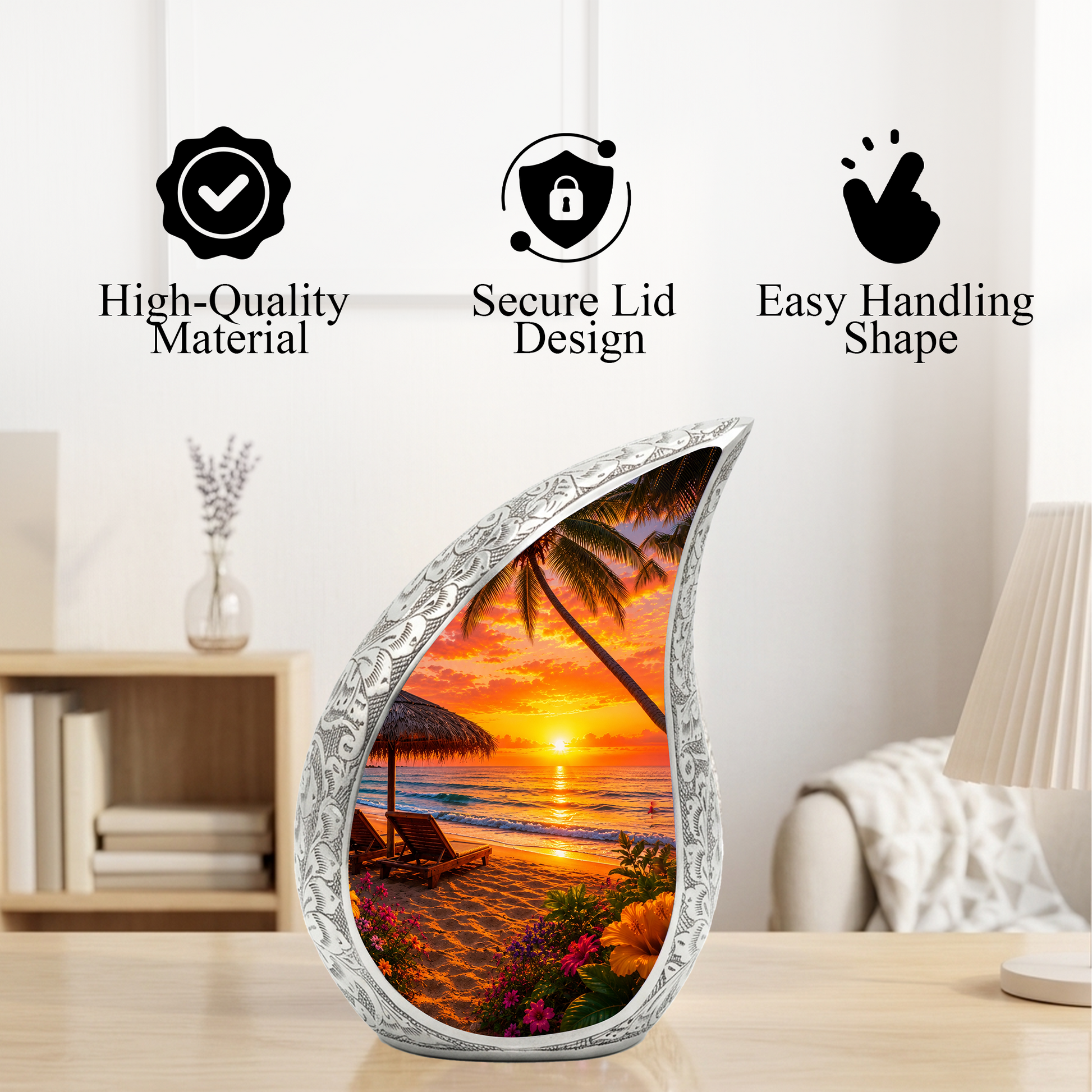 Beach Urns for Human Ashes – Tropical Ocean Sunset Beach Themed Cremation Urn