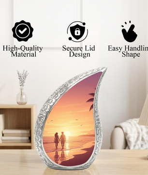 Personalized Beach Sunset Cremation Urn – Custom Ocean Memorial Urn for Ashes, Couple Beach Teardrop Aluminum Adult Urn, 10 Inch