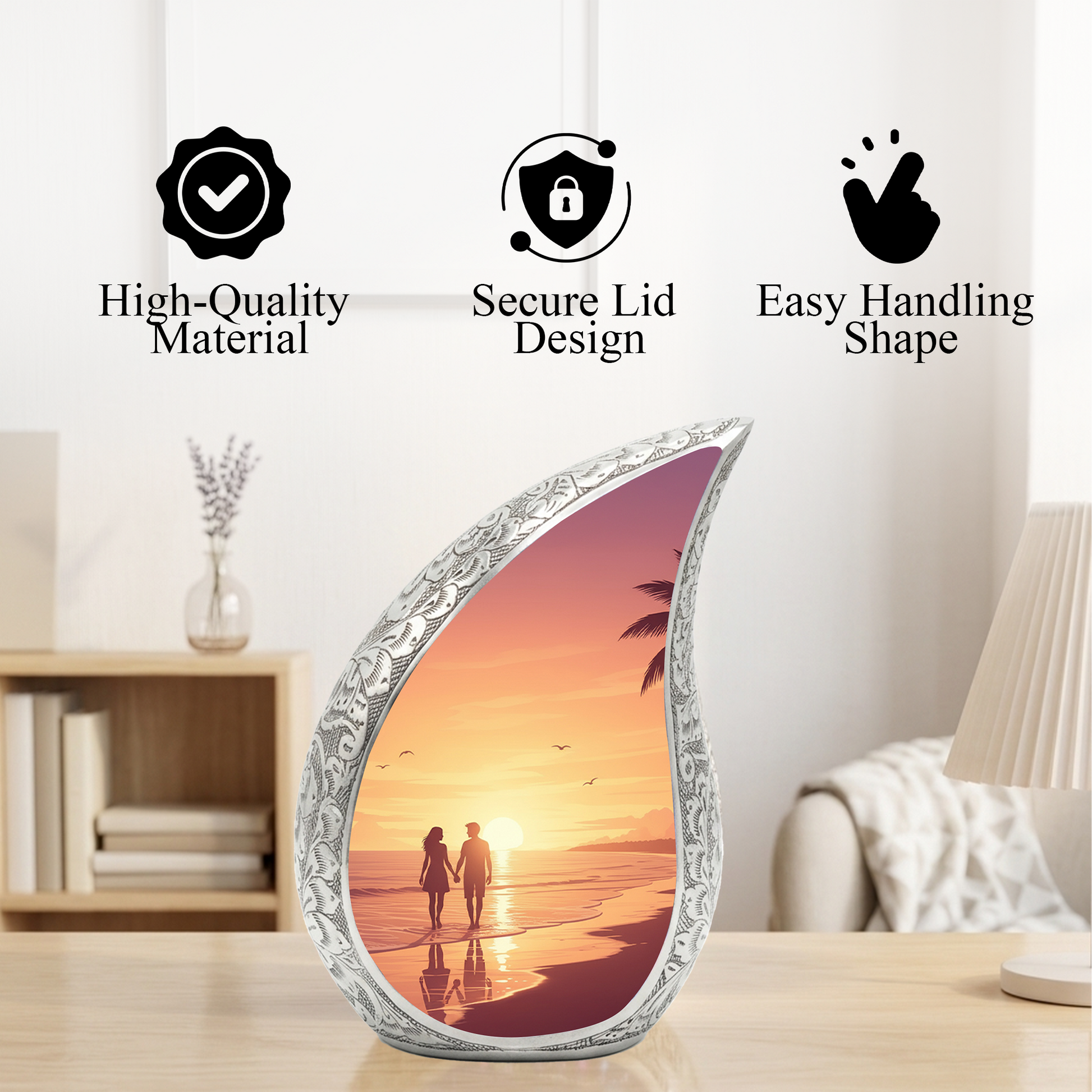 Personalized Beach Sunset Cremation Urn – Custom Ocean Memorial Urn for Ashes, Couple Beach Teardrop Aluminum Adult Urn, 10 Inch