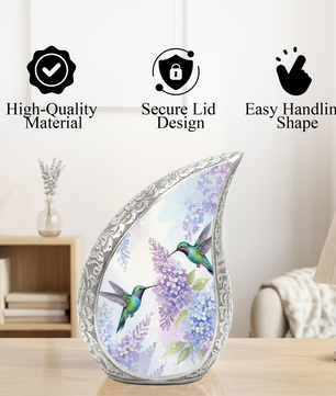 Personalized Hummingbird Cremation Urn – Custom Floral Memorial Urn for Ashes, Lavender Flower Teardrop Aluminum Adult Urn, 10 Inch
