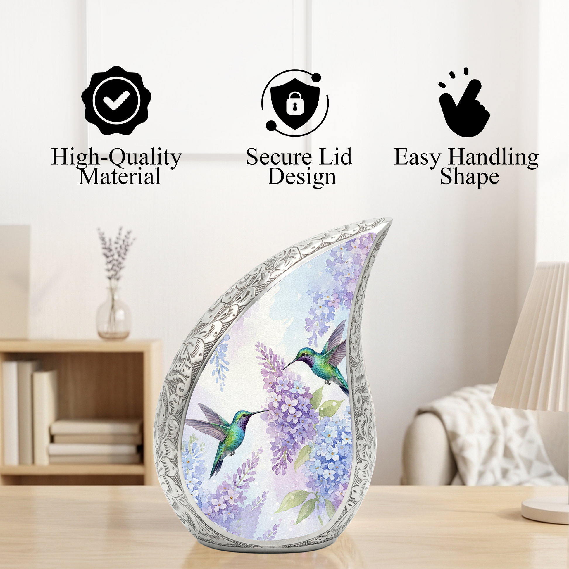 Personalized Hummingbird Cremation Urn – Custom Floral Memorial Urn for Ashes, Lavender Flower Teardrop Aluminum Adult Urn, 10 Inch