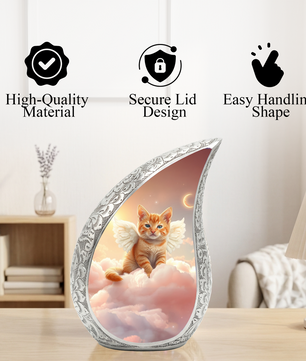 Personalized Cat Cremation Urn – Angel Cat Memorial Teardrop Urn, 10 Inch Aluminum