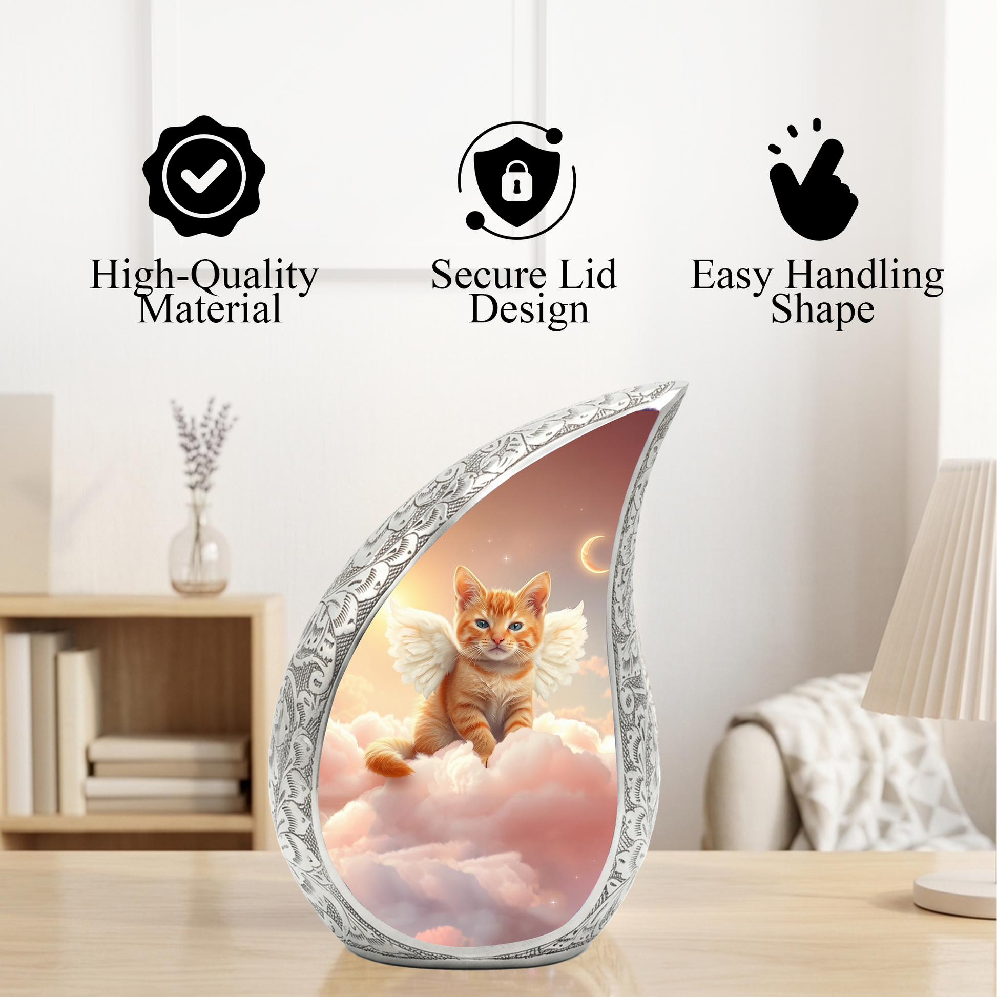 Personalized Cat Cremation Urn – Angel Cat Memorial Teardrop Urn, 10 Inch Aluminum
