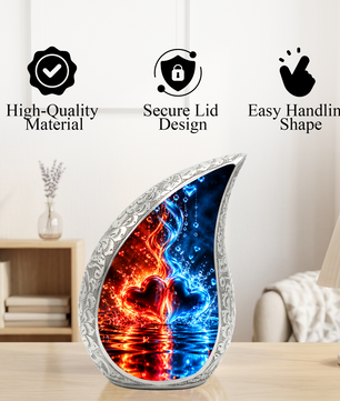 Heart Urn for Ashes, Red and Blue Hearts Aluminum Cremation Urn