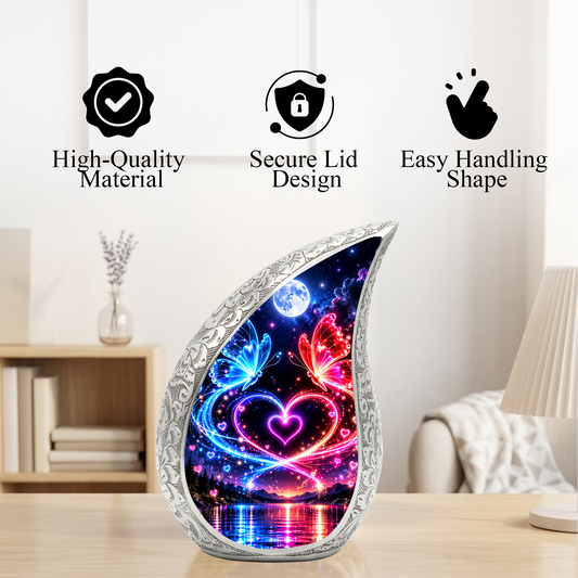 Heart Butterfly Urn for Human Ashes, Adult Cremation Urn with Glowing Butterflies