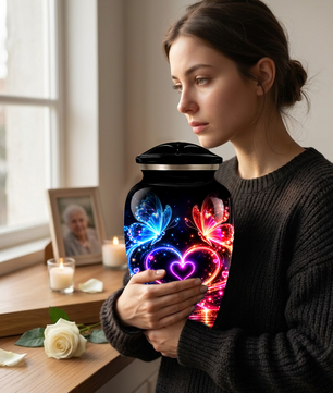 Personalized Butterfly Cremation Urn for Ashes, Heart Memorial Adult Urn, Blue and Red Cremation Urn