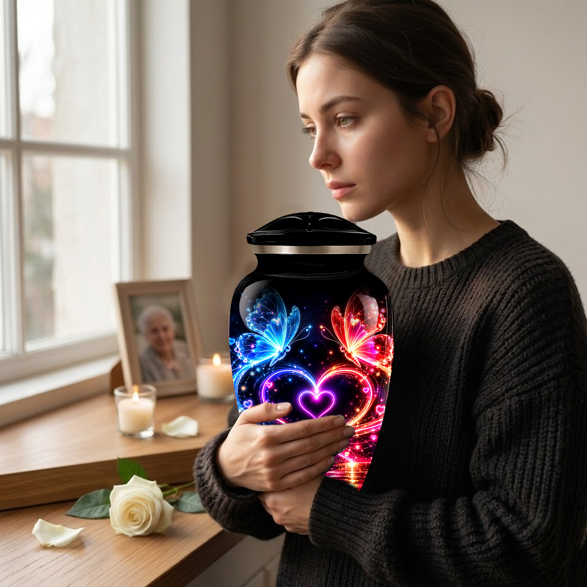 Personalized Butterfly Cremation Urn for Ashes, Heart Memorial Adult Urn, Blue and Red Cremation Urn