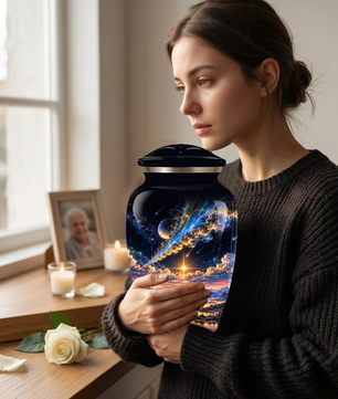 Personalized Adult Cremation Urn for Ashes, Custom Memorial Urn, Galaxy and Mountain Sunset Design