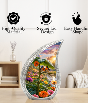 Bird Family Garden Adult Urn – Floral Nature Adult Cremation Urn for Human Ashes
