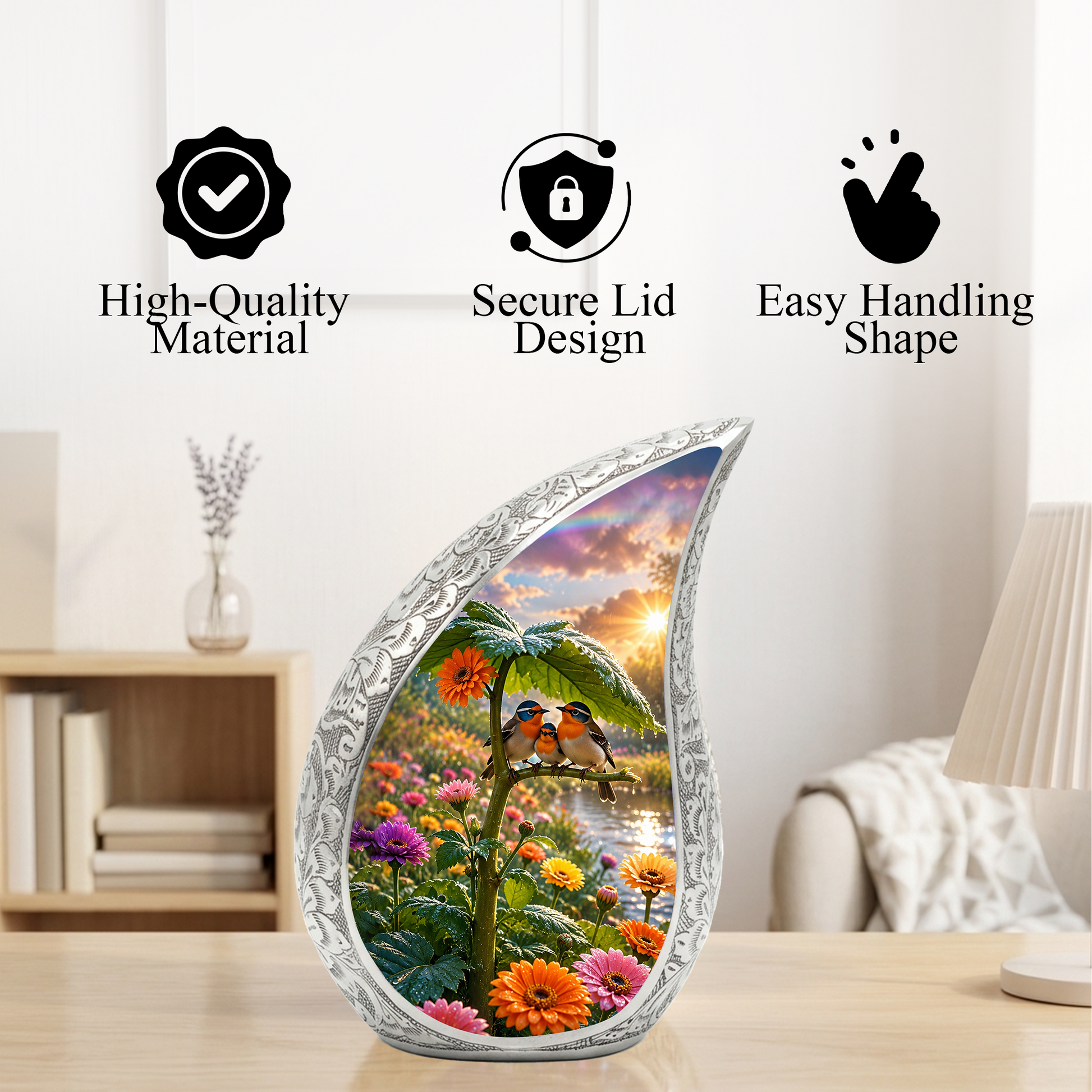 Bird Family Garden Adult Urn – Floral Nature Adult Cremation Urn for Human Ashes