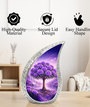 Personalized Purple Rose Cremation Urn – Custom Floral Memorial Urn for Ashes, Tree of Life Teardrop Aluminum Adult Urn, 10 Inch