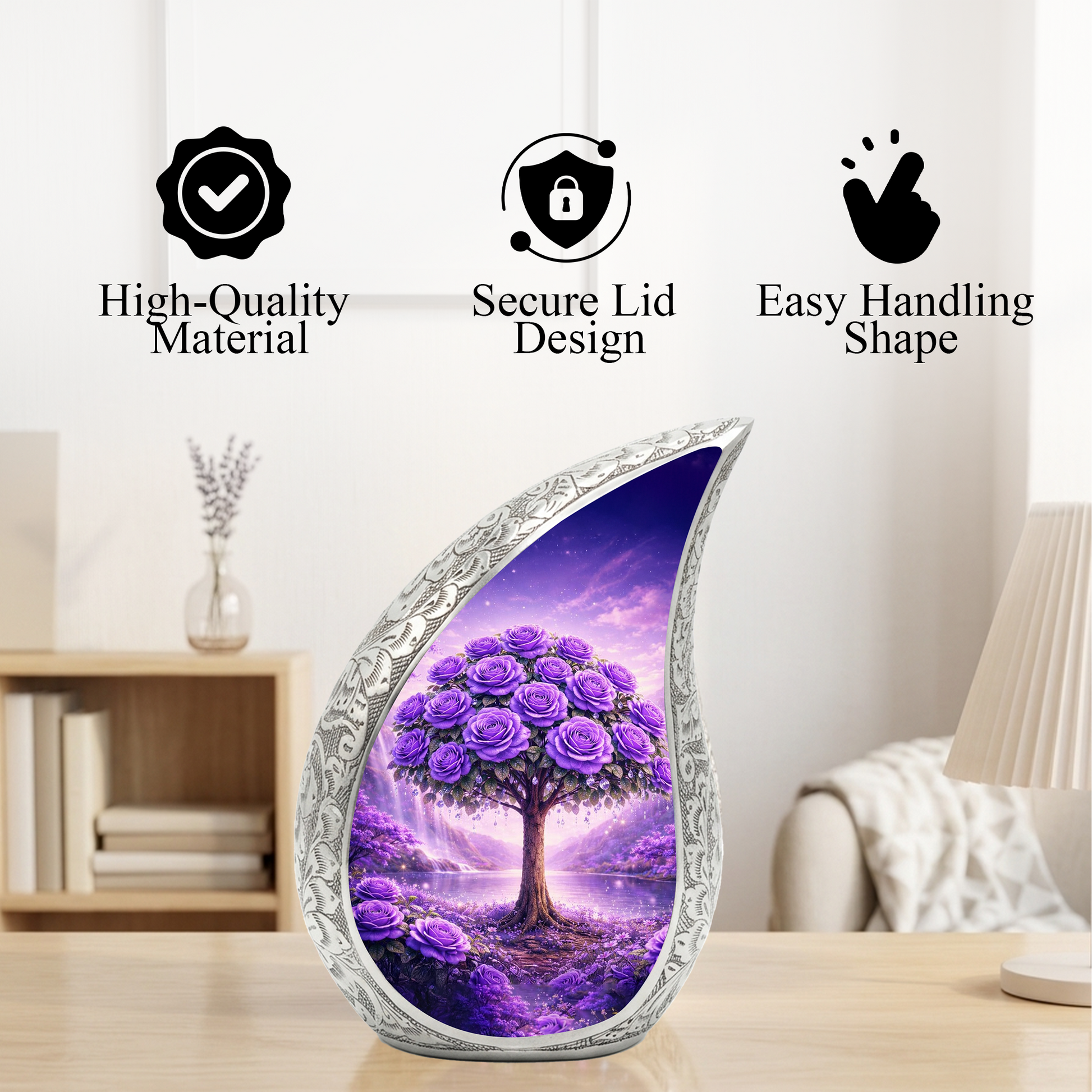 Personalized Purple Rose Cremation Urn – Custom Floral Memorial Urn for Ashes, Tree of Life Teardrop Aluminum Adult Urn, 10 Inch