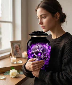 Adult Cremation Urn – Purple Skull & Flames Memorial Urn for Adult Ashes
