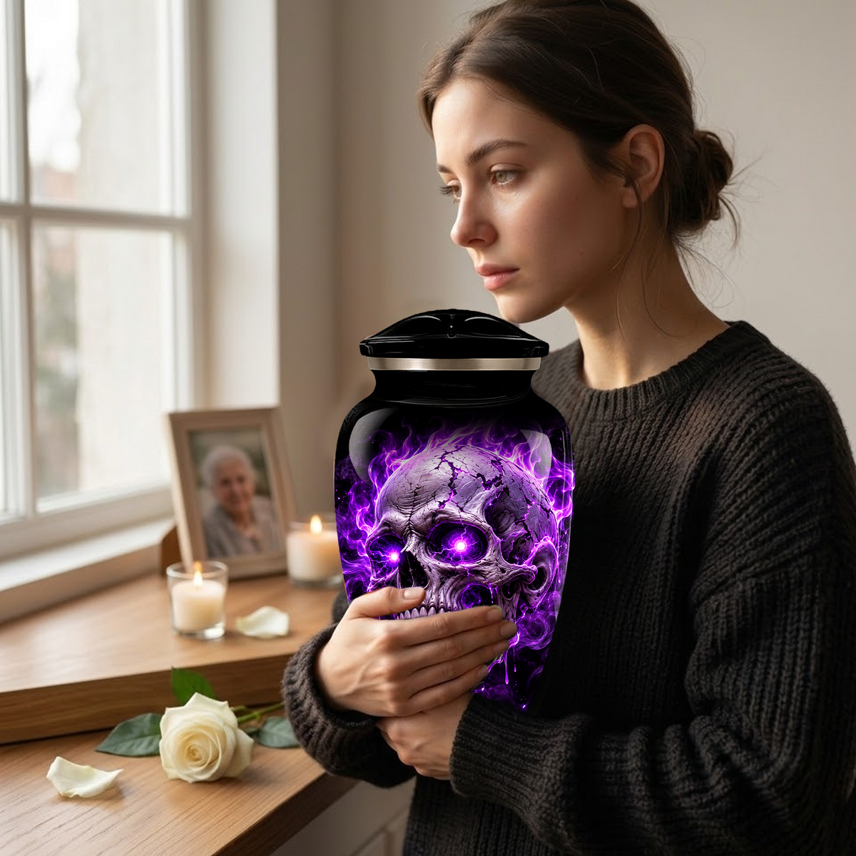 Adult Cremation Urn – Purple Skull & Flames Memorial Urn for Adult Ashes