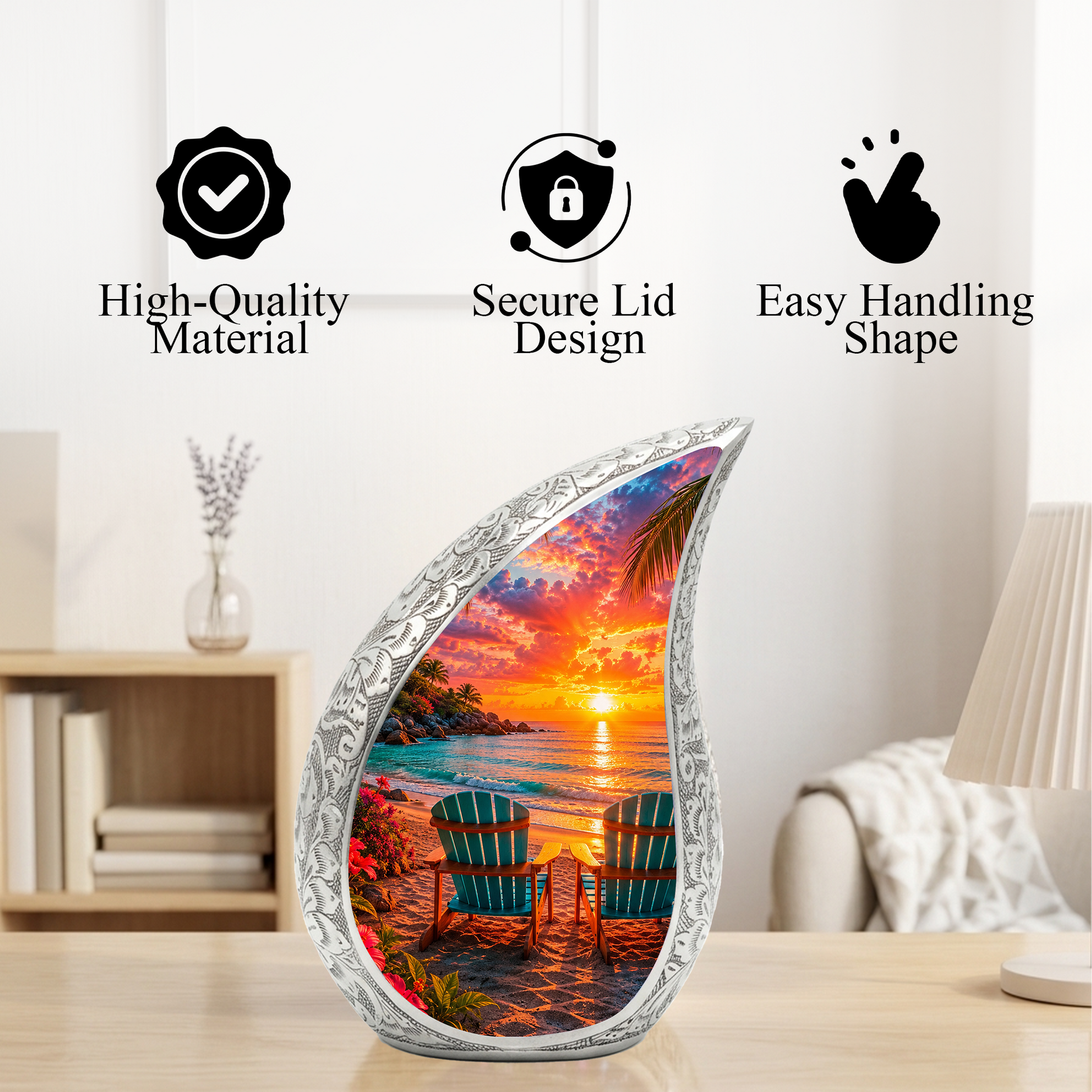 Beach Sunset Adult Cremation Urn for Mom, Dad, Women & Men, Tropical Memorial Urn for Ashes