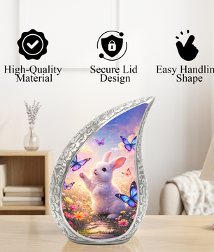 Personalized Cat Cremation Urn – Butterfly Garden Teardrop Memorial Urn, 10 Inch Aluminum