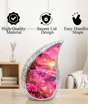 Pink Beach Cremation Urn for Adult Ashes | Beautiful Ocean Wave & Sunset Urn for Mom, Women & Loved Ones