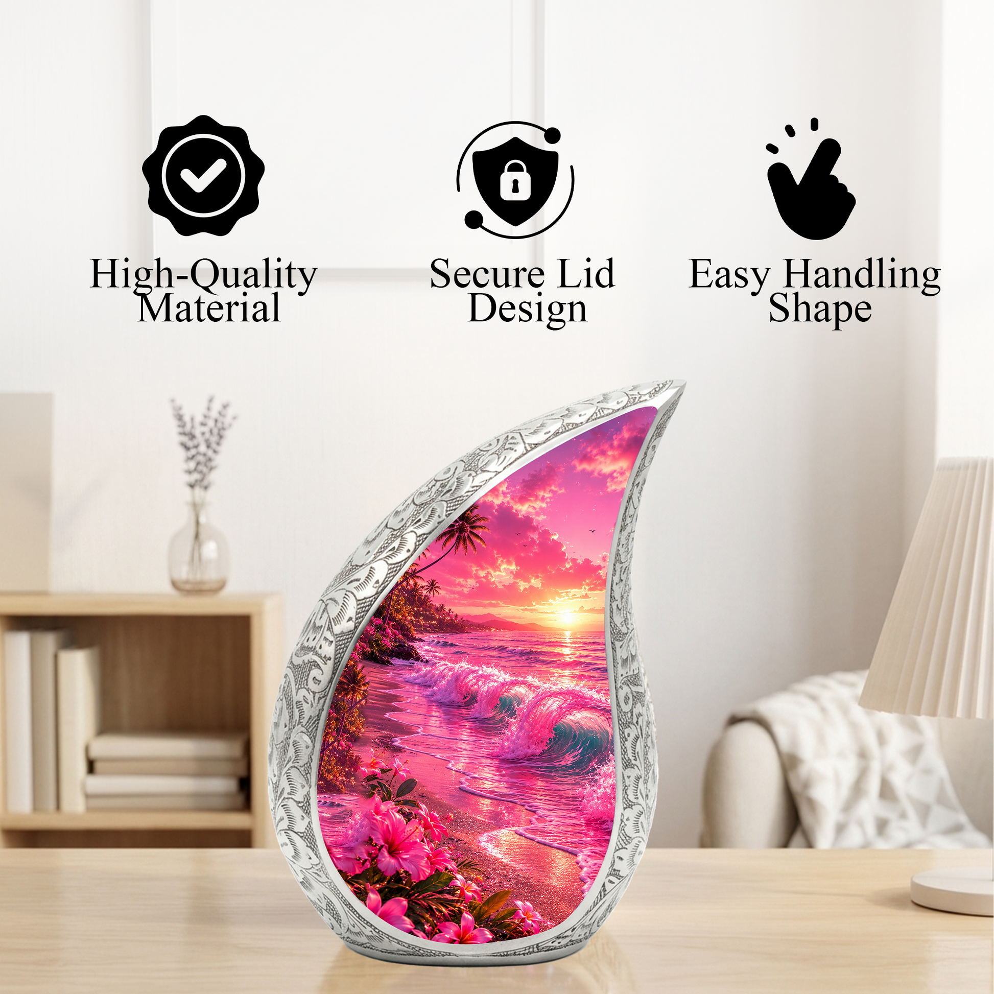Pink Beach Cremation Urn for Adult Ashes | Beautiful Ocean Wave & Sunset Urn for Mom, Women & Loved Ones