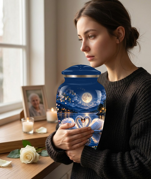 Personalized Adult Cremation Urn for Ashes, Two Swans Under the Full Moon Memorial Urn