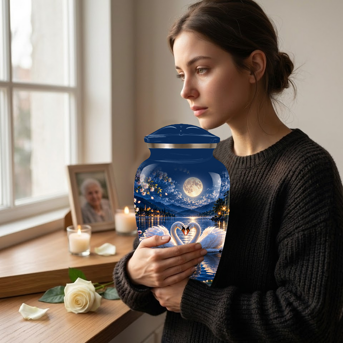 Personalized Adult Cremation Urn for Ashes, Two Swans Under the Full Moon Memorial Urn
