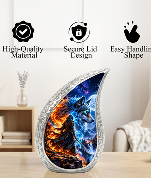 Wolf Warrior Urn for Human Ashes, Adult Cremation Urn with Blue and Fiery Wolf Artwork