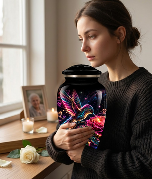 Hummingbird and Rose Cremation Urn for Adult Ashes – Personalized Aluminum Memorial Urn