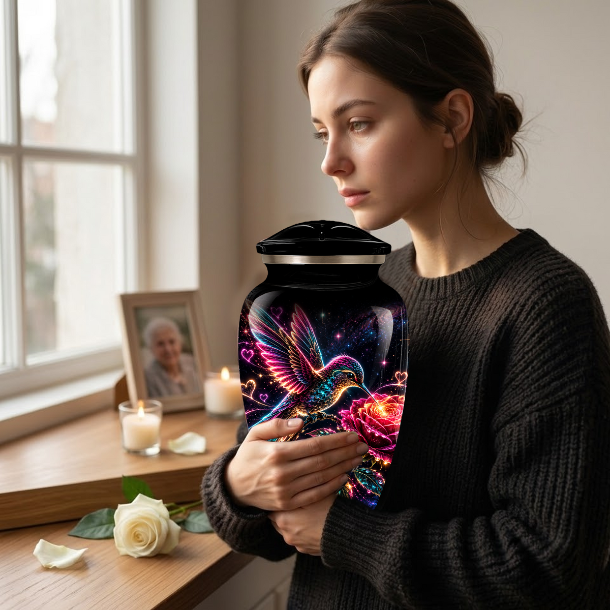 Hummingbird and Rose Cremation Urn for Adult Ashes – Personalized Aluminum Memorial Urn