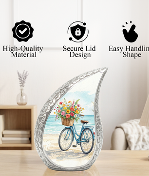 Coastal Bicycle Personalized Cremation Urn – Teardrop Style Aluminum Memorial Urn, 10 Inch
