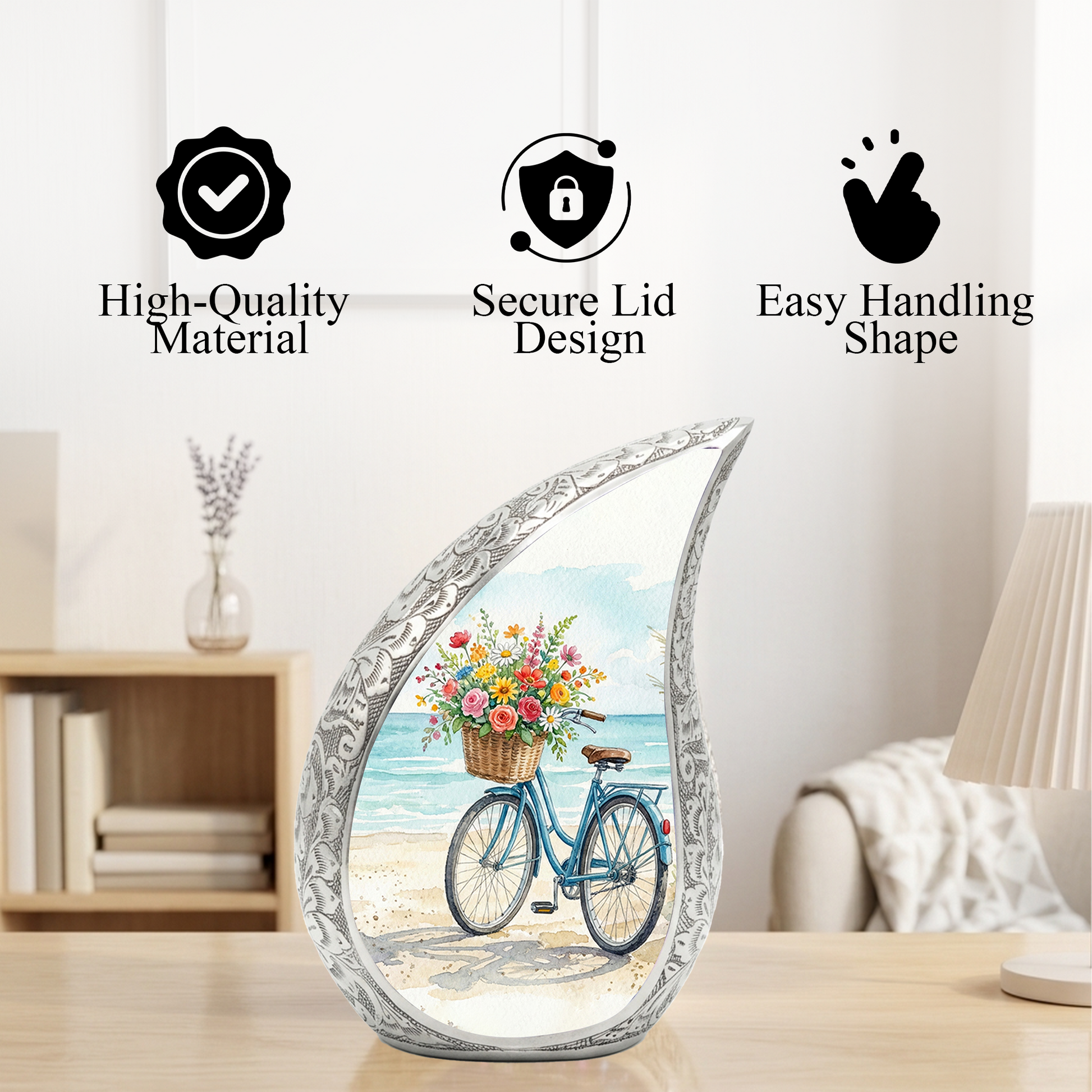 Coastal Bicycle Personalized Cremation Urn – Teardrop Style Aluminum Memorial Urn, 10 Inch