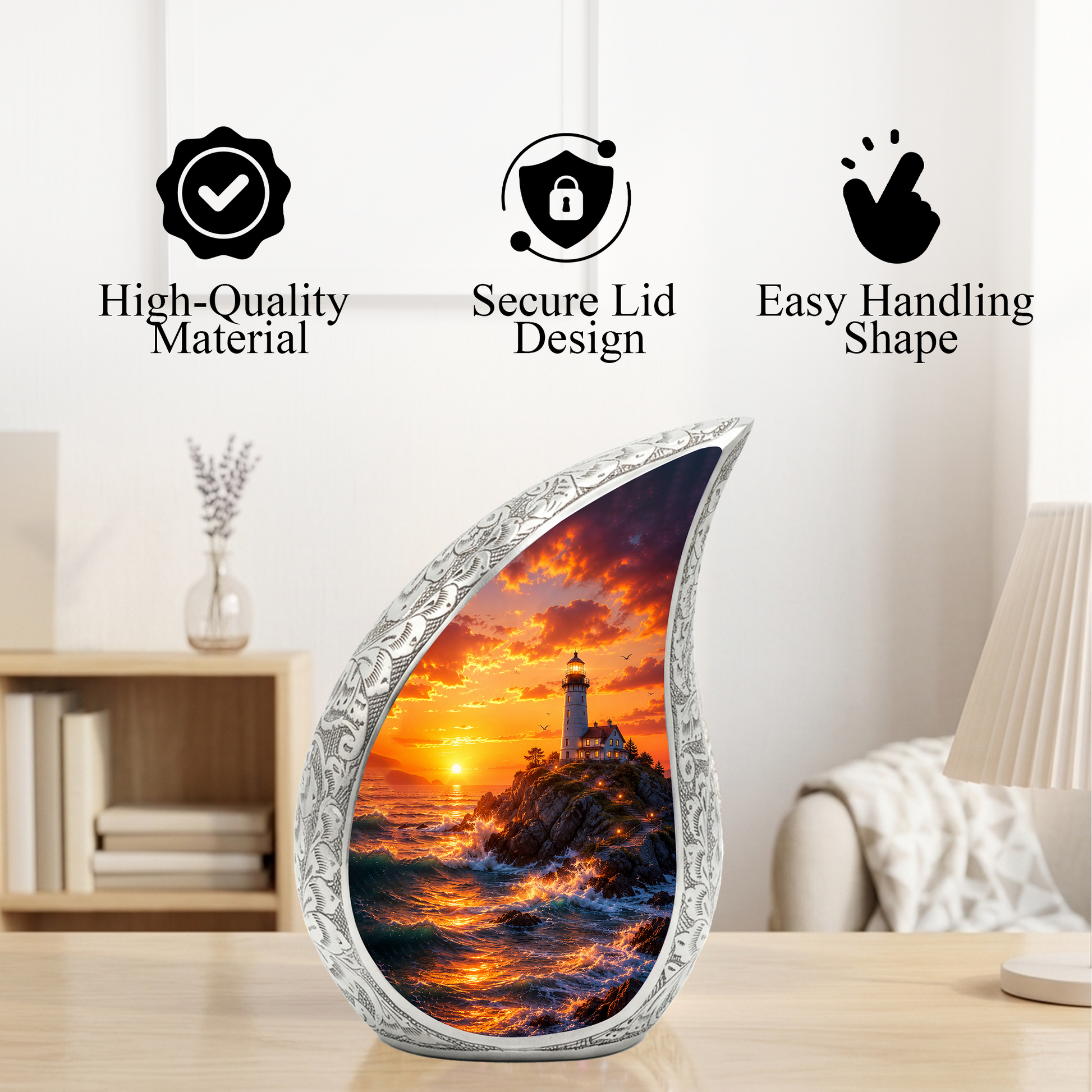 Ocean Sunset Lighthouse Cremation Urn for Human Ashes – Adult Memorial Urn for Dad, Father, Men & Loved Ones