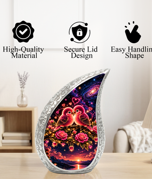 Love Birds Urn for Ashes, Romantic Bird Aluminum Cremation Urn